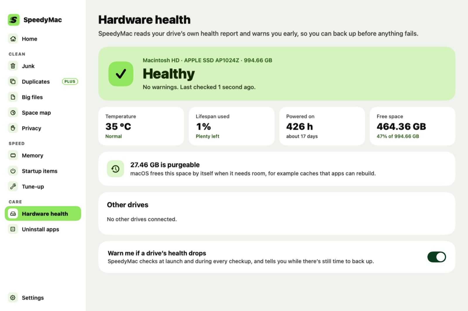 Hardware health screen: the SSD is healthy, with its temperature, wear, power-on hours and free space